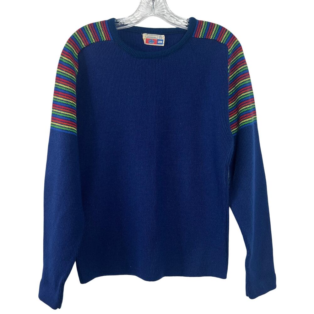 Vintage Sears Put On Shop Rainbow Stripe Blue Knit Ski Sweater Retro 80's Size S